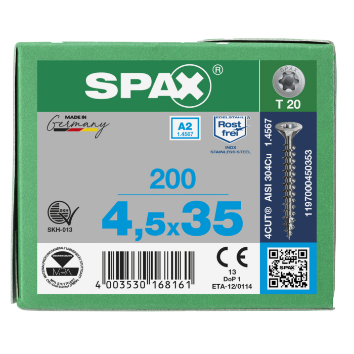 Spax spaanplaatschroeven T20 RVS A2 4.5 x 45 mm voldraad